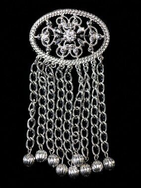 Mid Century Sara Coventry Brooch Floral Scrollwork Swinging Beads Silver Tone